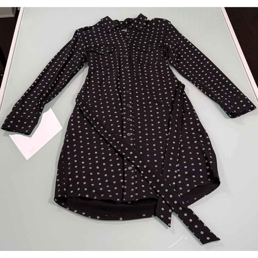 Lands' End Shirt Dress Womens S/P Cotton Jersey Black w White Flower QuietLuxury